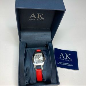 Anne Klein Watch Genuine leather Red Band Silver Tone Water Resistant 100ft NEW